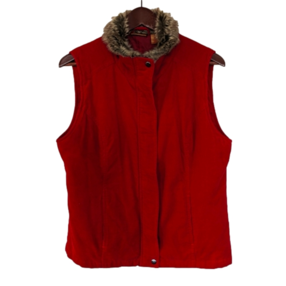 Northcrest‎ Red Courdroy Zip Up Vest Faux Fur Neck Collar Women's Medium 10-12